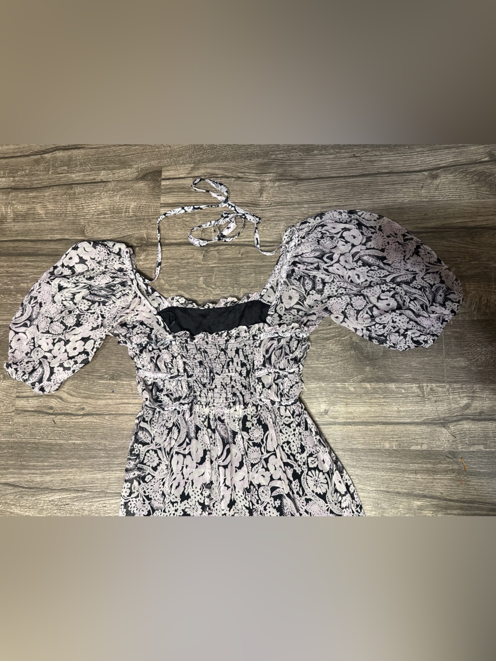 by Anthropologie Small Floral Smocked Puff Sleeve Midi Dress Boho Black - Picture 8 of 11